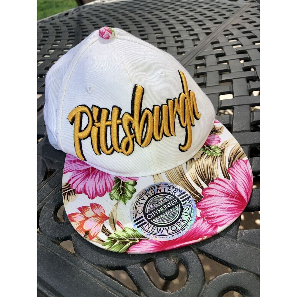 City Hunter Hat Cap Pittsburgh Black Floral Snap Back Script‎ Logo